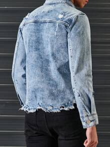RueChic Men Ripped Raw Hem Flap Pocket Denim Jacket - Light Wash - View 2