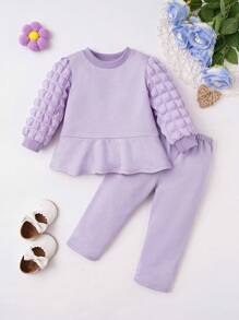 Bebé niña Pantalones con camiseta unicolor bajo con fruncido - Morado - Ver 1