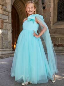 女大童不規則肩蝴蝶結細節網紗覆蓋派對禮服