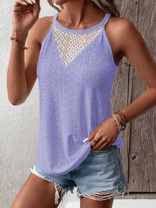 SHEIN LUNE 蕾絲拼接網眼刺繡背心上衣 - 紫色 - 查看 3