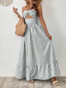 SHEIN VCAY Striped Print Cut Out Ruffle Hem Halter Dress