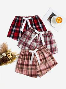 SHEIN 3入組格紋印花前蝴蝶結睡衣短褲 - 彩色 - 查看 1