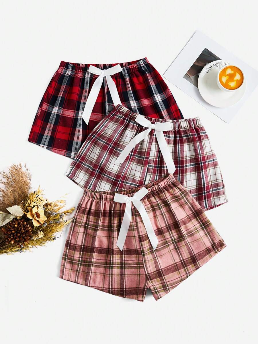 SHEIN 3入組格紋印花前蝴蝶結睡衣短褲 - 彩色 - 查看 1