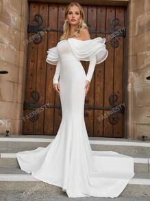 Faeriesty Off Shoulder Ruffle Trim Floor Length Wedding Dress White Elegant Long Sleeve Bridal Dress,Bride