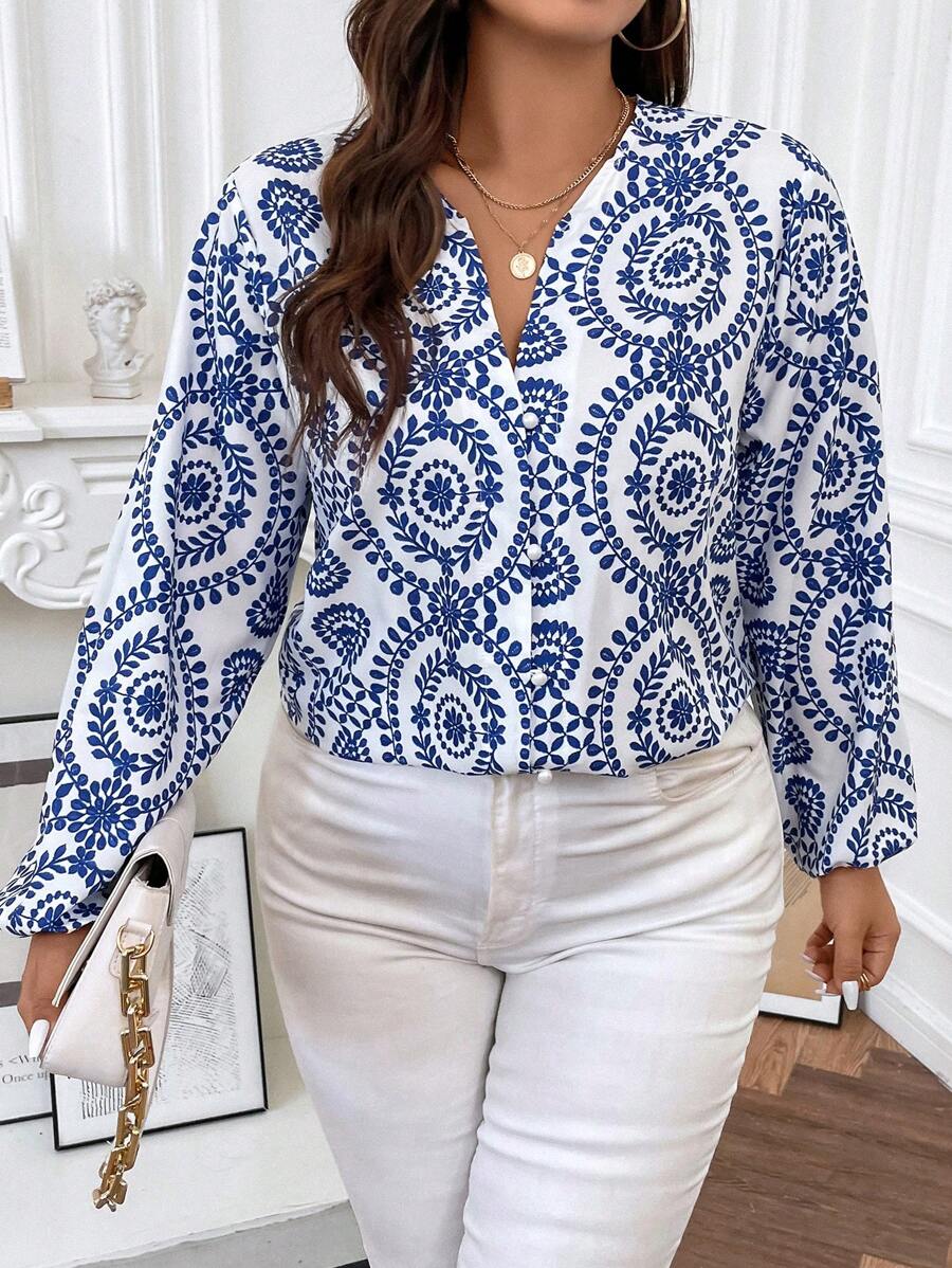 Franclia Talla grande Blusa con estampado de mándala de cuello notch de manga farol