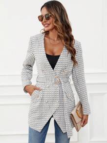 SHEIN Clasi 格紋印花腰帶外套