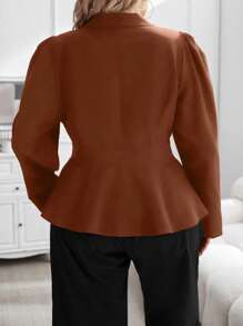 Celure Plus Lapel Neck Single Button Peplum Blazer - Brown - View 2