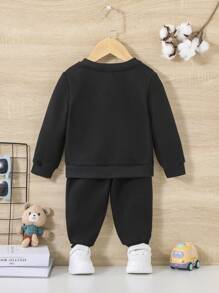 SHEIN Baby Boy Bear And Letter Graphic Sweatshirt & Sweatpants - Black - View 5