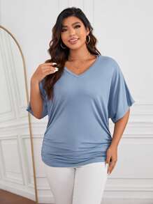 SHEIN Essnce Hơn Chất rắn tay cánh Áo thun - Màu xanh bụi bặm - Xem 3