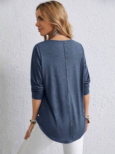 EMERY ROSE Women's Casual Solid Color Button Back Curved Hem T-Shirt Women Long Sleeve Tops Grey Tops For Women Gray Blouse Women Solid Color T Shirt Tops Women Women Women's Fall Clothes