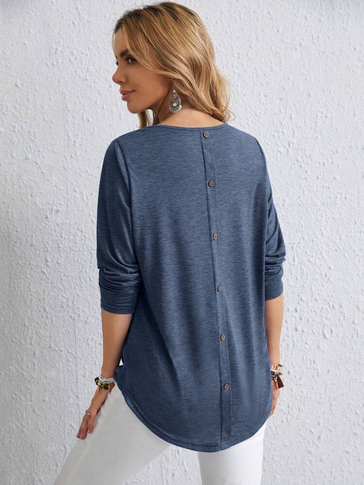Women's Casual Solid Color Button Back Curved Hem T-Shirt Women Long Sleeve Tops Grey Tops For Women Gray Blouse Women Solid Color T Shirt Tops Women Women Women's Fall Clothes