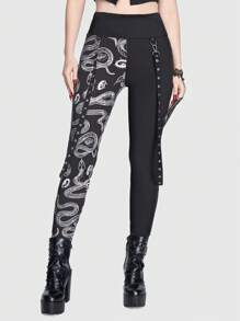 ROMWE Goth Snake Print Straps Detail Leggings - Black - View 1