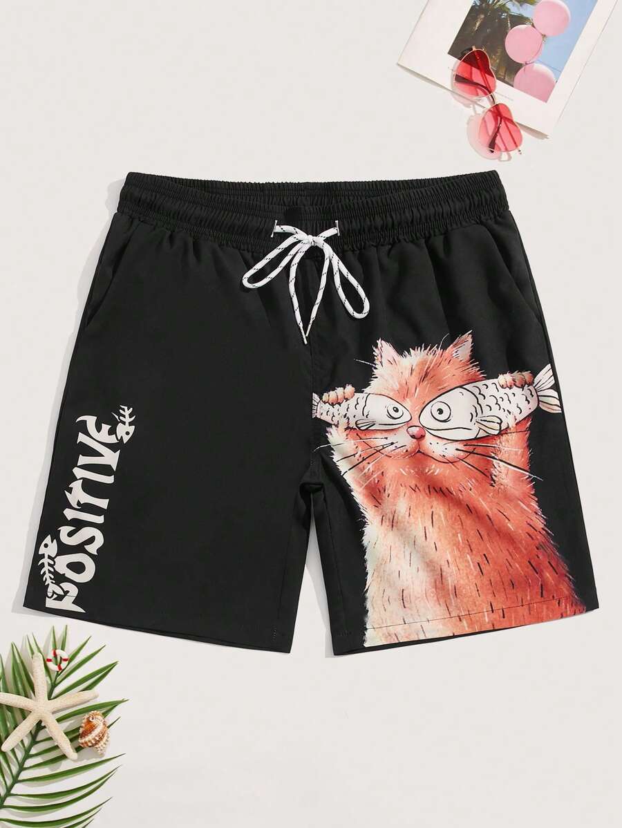 Manfinity Hombres Shorts de natación con estampado de letra y dibujos animados de cintura con cordón - Negro - Ver 1