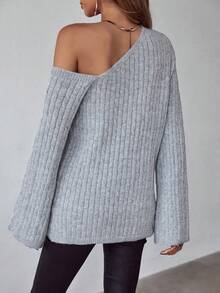 SHEIN LUNE Chất rắn Cổ không đối xứng Thả vai Áo len - Xám - Xem 2