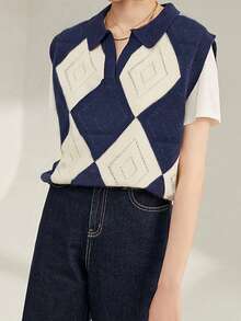 Argyle Pattern Sweater Vest Without Tee - Blue and White - View 4