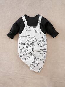 Yierying 男嬰卡通圖案二合一連身褲 - 黑與白 - 查看 2