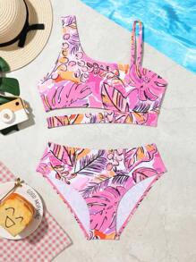 Tween Girl Tropical Print Asymmetrical Neck Bikini Set Summer Beach - Multicolor - View 1