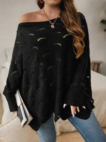 SHEIN LUNE Plus Pointelle Knit Batwing Sleeve Sweater - Black - View 1
