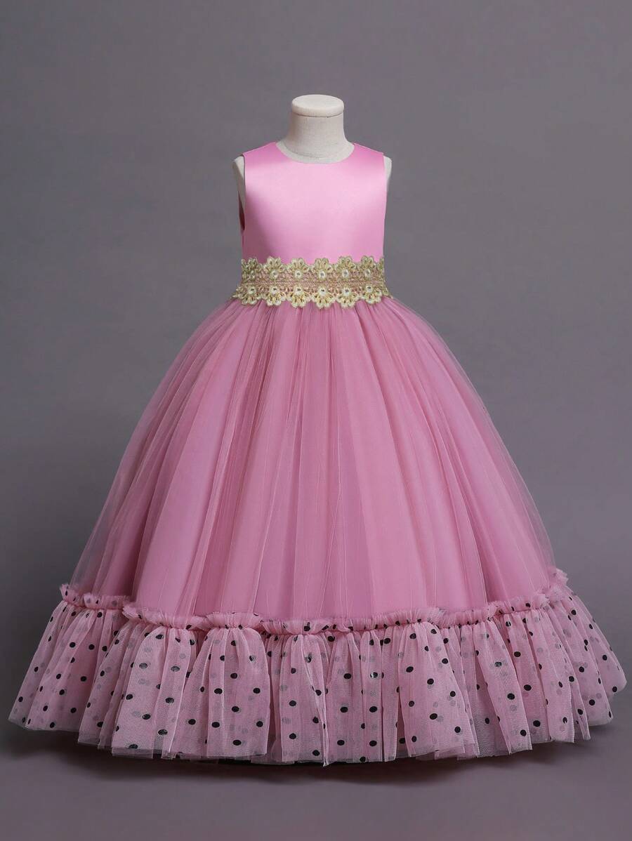 Tween Girl Polka Dot Lace Panel Ruffle Hem Party Dress - Pink - View 1