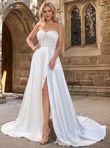 Twist Front Split Thigh Satin Tube Wedding Dress - White - View 4