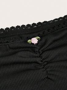 SHEIN EZwear Chất rắn Nếp gấp Phần Ngực Váy Dây - màu đen - Xem 3