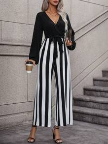 SHEIN VCAY Striped Print Surplice Neck Belted Wide Leg Jumpsuit - Black - View 1