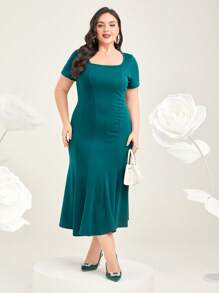 Mulvari Talla grande Vestido unicolor bajo sirena - Agua verde azul - Ver 3