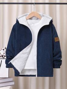 SHEIN Tween Boy Letter Patched Detail Teddy Lined Hooded Corduroy Coat Without Tee - Navy Blue - View 5