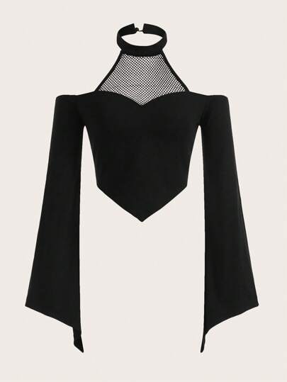 Cold Shoulder Contrast Mesh Tee, School