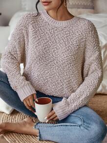 SHEIN LUNE Popcorn Knit Drop Shoulder Split Hem Sweater - Apricot - View 6