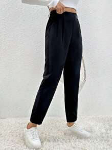 SHEIN PETITE 素色褶皺蘿蔔褲 - 黑色 - 查看 4