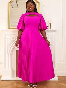 Plus Cut Out Front Pleated Hem Dress - Hot Pink - View 5