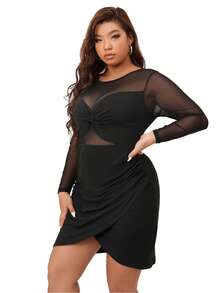 大碼網紗拼接前扭結圍裹連衣裙 - 黑色 - 查看 5