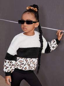 女小童豹紋圖案撞色毛絨套頭衫 - 彩色 - 查看 5