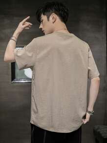 Men Letter Patched Detail Tee - Khaki - View 2