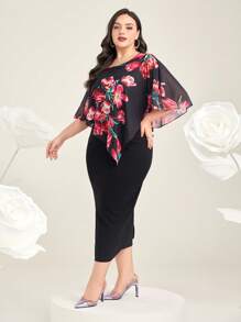 Modelyn 大碼印花斗篷袖後背開衩洋裝 - 彩色 - 查看 5