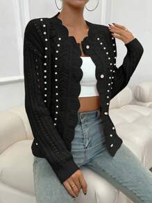 SHEIN Privé Pearls Beaded Pointelle Knit Cardigan - Black - View 5