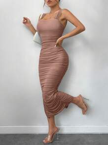SHEIN SXY Prom Dress;Ruched Split Thigh Cami Dress - Apricot - View 4