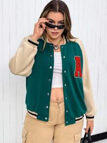 Flirla Hơn Thư được vá Sọc trang trí Tay Raglan Áo khoác Đại học - màu xanh lá - Xem 5