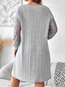 SHEIN LUNE Plus Contrast Lace Drop Shoulder Dress - Light Grey - View 2