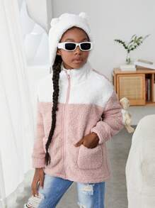 SHEIN Tween Girl Two Tone Drop Shoulder Zipper Teddy Coat - Pink - View 4