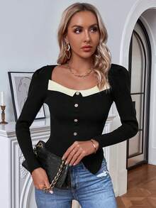 Knit Mix 前紐扣不對稱下擺套頭毛衣 - 黑色 - 查看 7