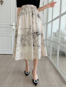 紮染彈性腰帶半身裙 - 杏色 - 查看 4