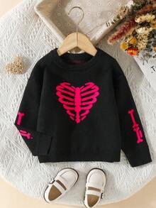 SHEIN Young Girl Skeleton Pattern Drop Shoulder Sweater - Black - View 6