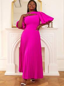 Plus Cut Out Front Pleated Hem Dress - Hot Pink - View 7