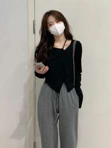 Solid Asymmetrical Tee - Black - View 1