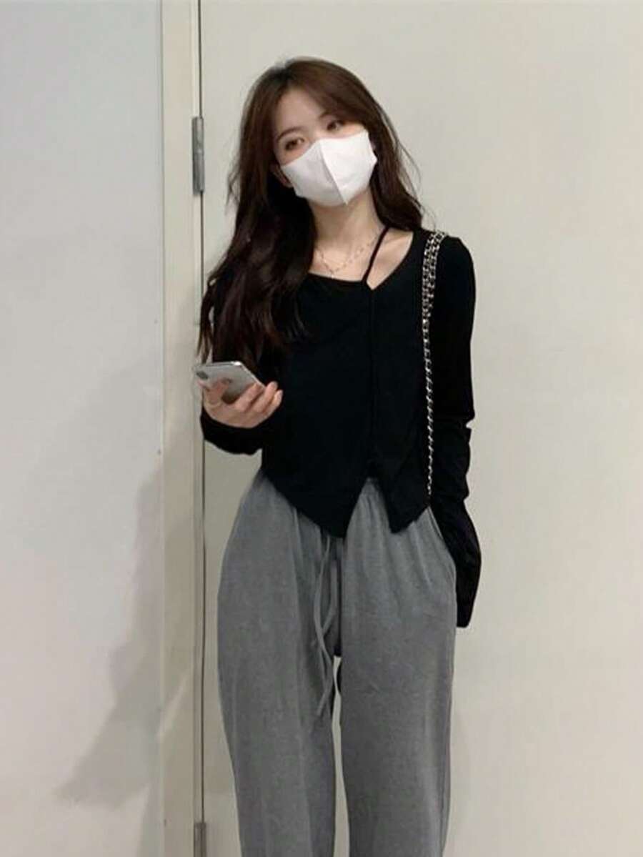 Solid Asymmetrical Tee - Black - View 1