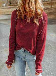 Contrast Stitch Raglan Sleeve Tee - Burgundy - View 2
