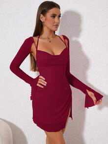 PARTHEA 分叉荷叶袖裹身下摆网纱修身连衣裙，春季优雅 - 酒紅色 - 查看 7