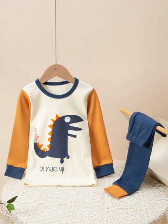 男童春秋冬恐龍印花家居服套裝，長袖上衣和長褲，適用於幼兒、兒童和青少年保暖內衣套裝